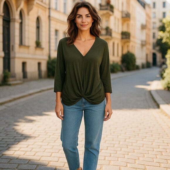 a.n.a Womens Top M V-Neck Flowy Bottom Wrap Detail Olive Green 3/4 Sleeve - Picture 1 of 5